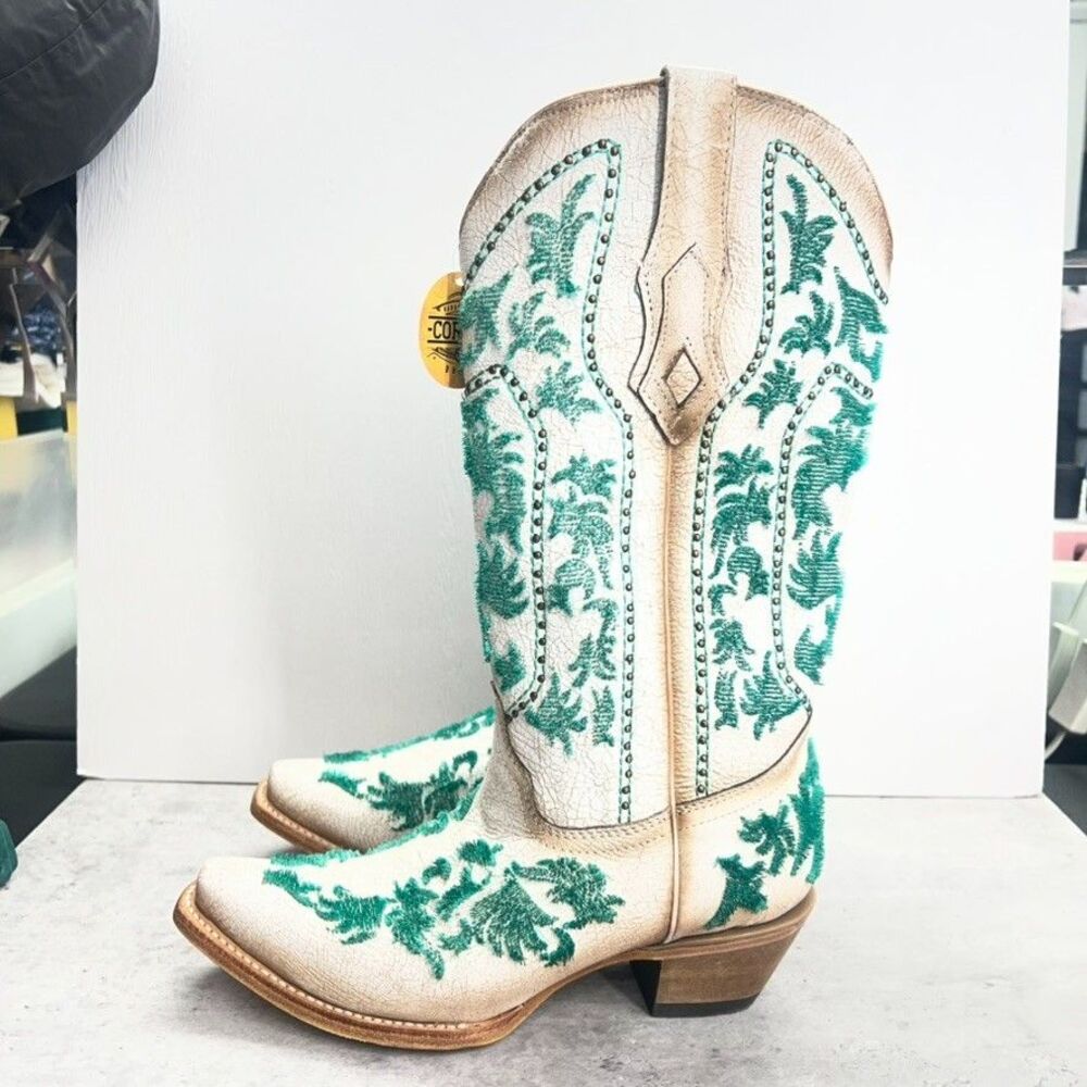 Corral Pull On Knee High White Green Crackled Bristle Western Boots Womens 8M - Picture 3 of 13